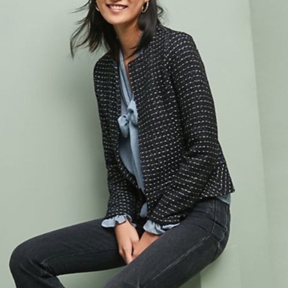 🕶️Anthropologie Dolan black blue tweed lurex peplum jacket L - Picture 3 of 10